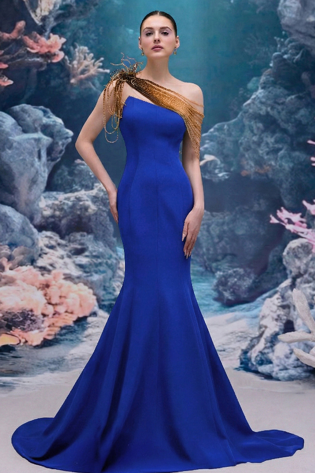 Crepe Mermaid Dress with Cascading Crystals