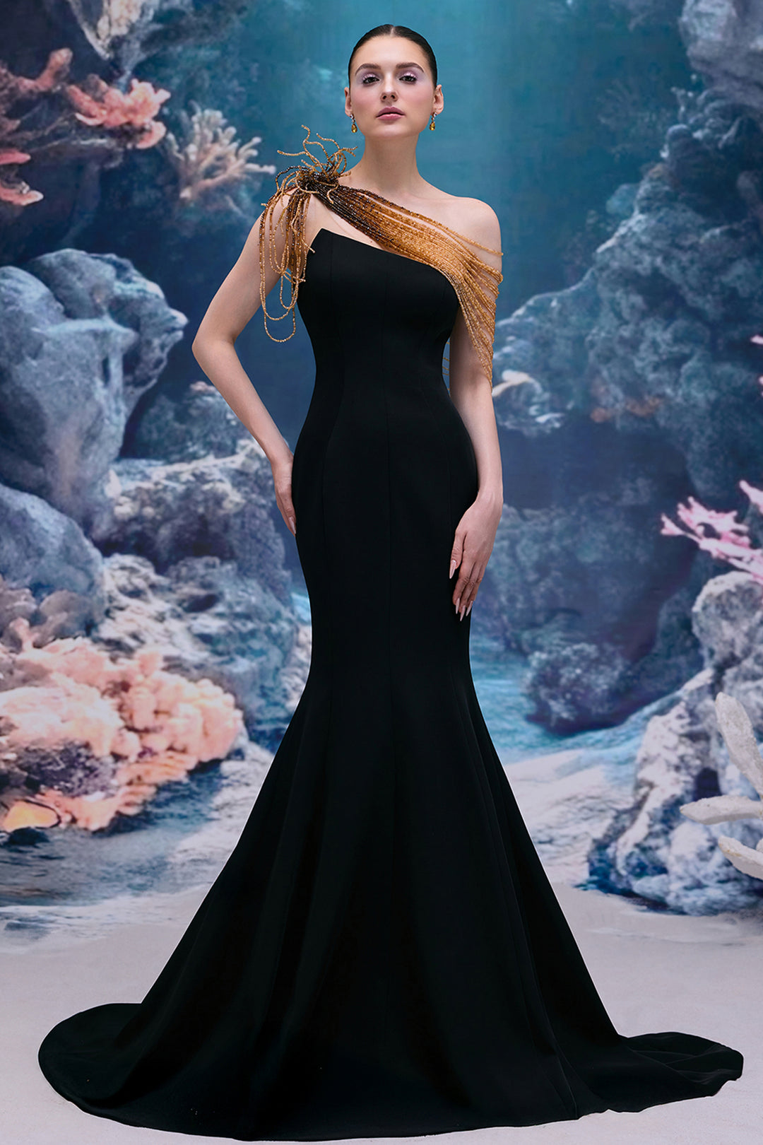 Crepe Mermaid Dress with Cascading Crystals