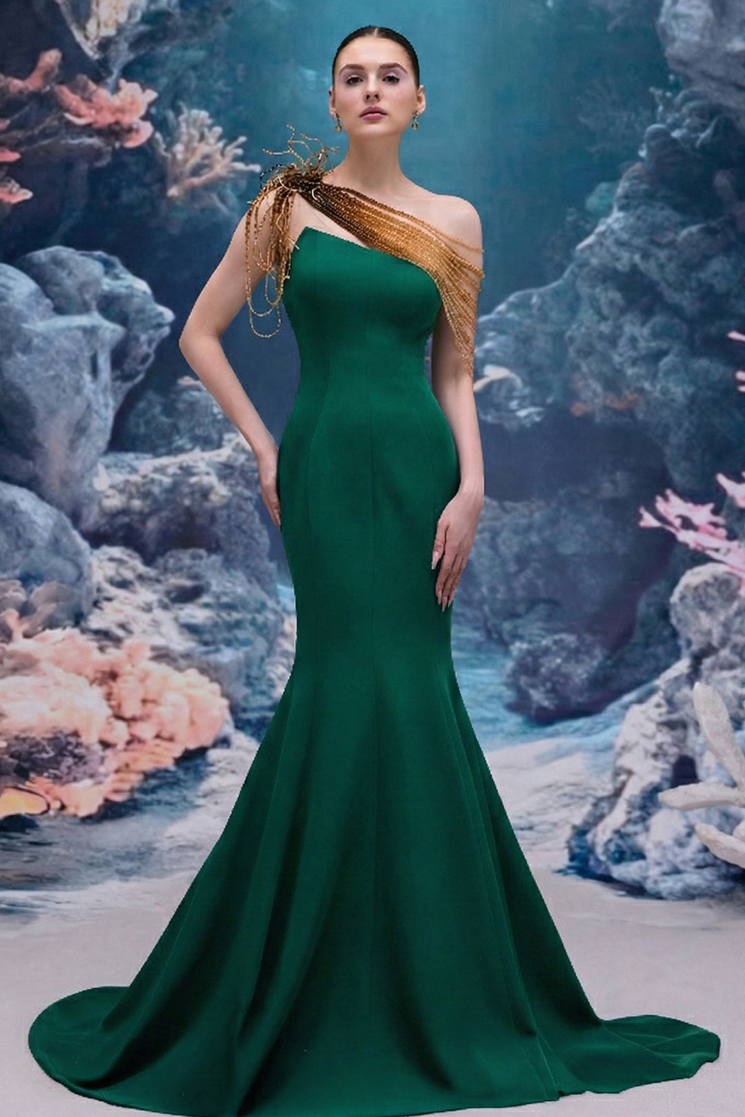 Crepe Mermaid Dress with Cascading Crystals