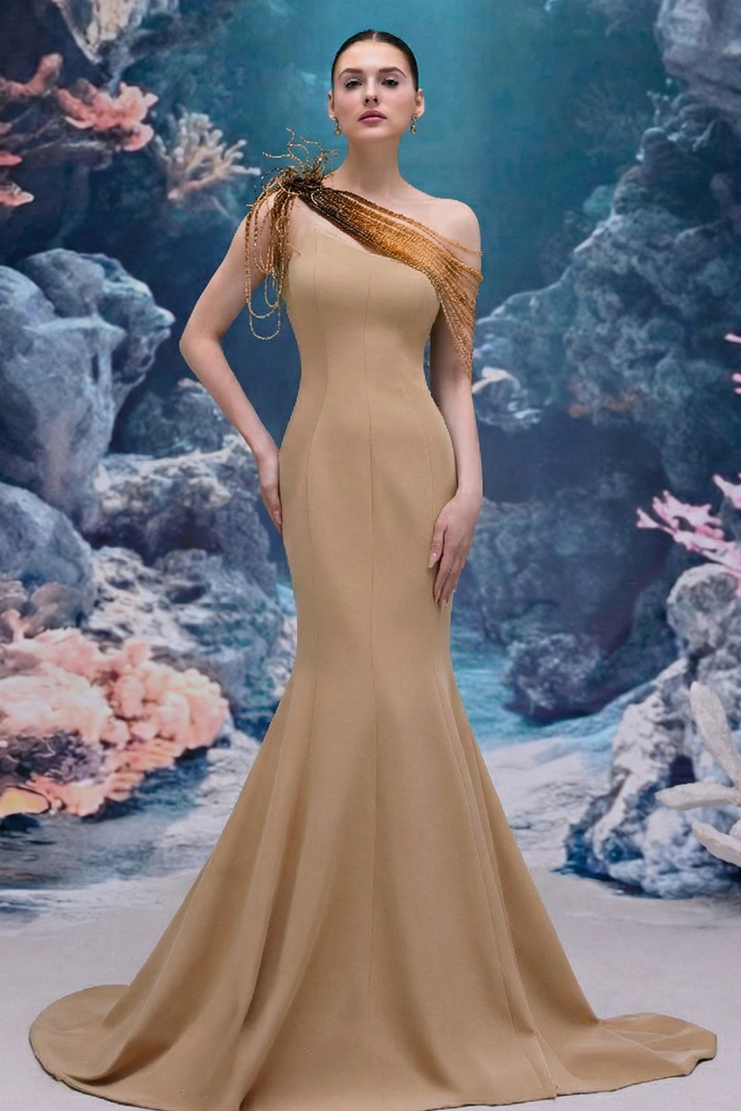 Crepe Mermaid Dress with Cascading Crystals