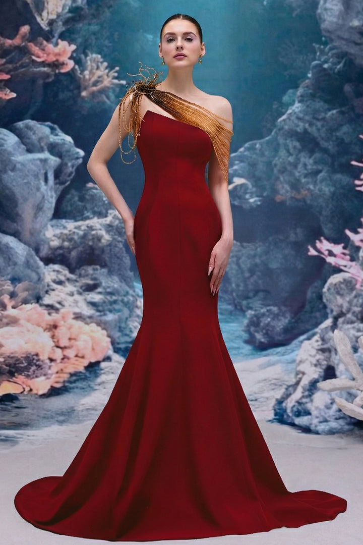 Crepe Mermaid Dress with Cascading Crystals