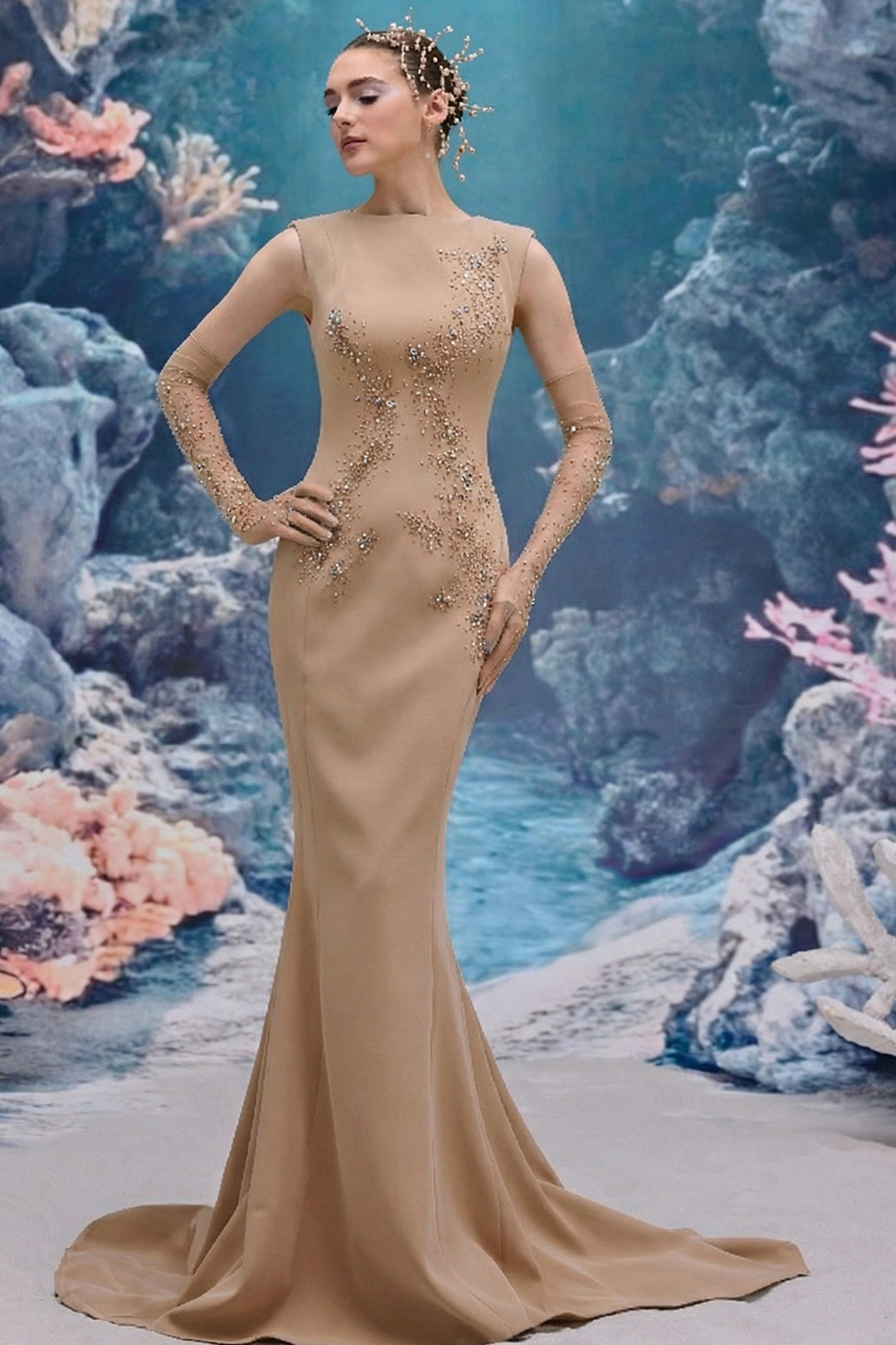 Sheer Tulle and Crepe Mermaid Dress