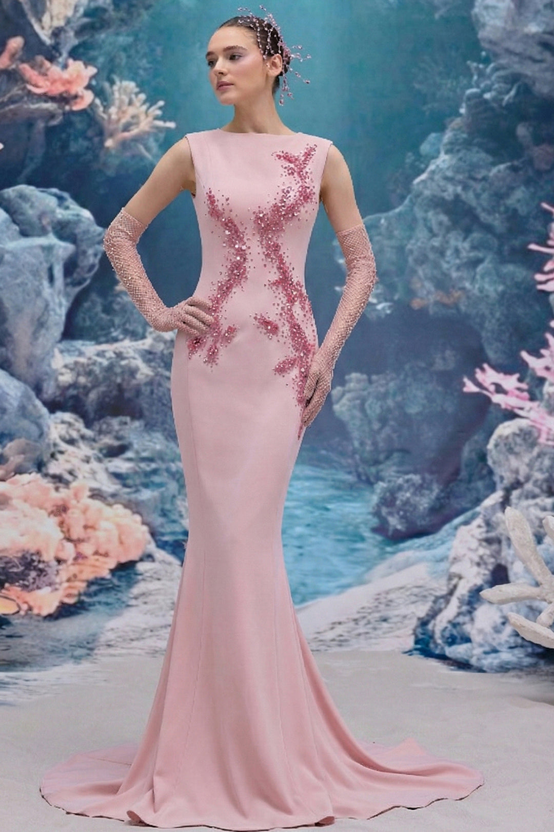 Sheer Tulle and Crepe Mermaid Dress