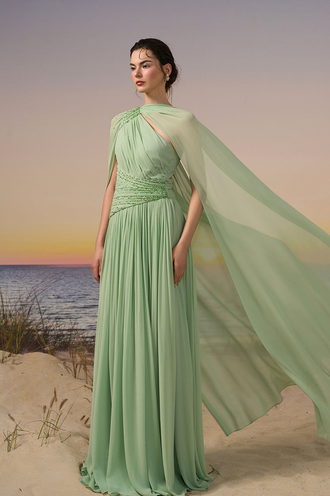 Chiffon One-Shoulder Dress with Crystals White / US 2 Chiffon One-Shoulder Dress with Crystals White / US 2
