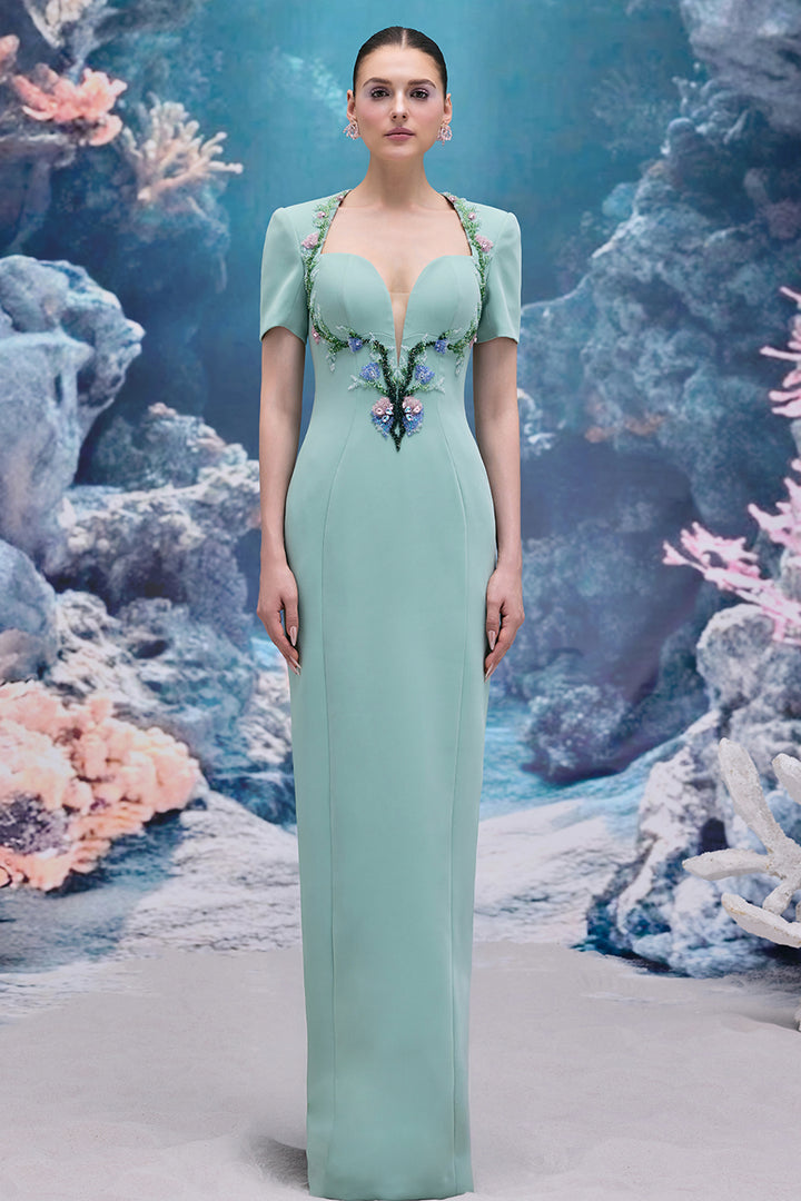 3D Draped Bodice Tulle and Organza Dress with Crystal Details