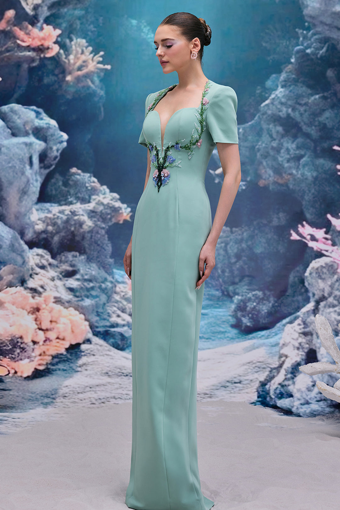 3D Draped Bodice Tulle and Organza Dress with Crystal Details