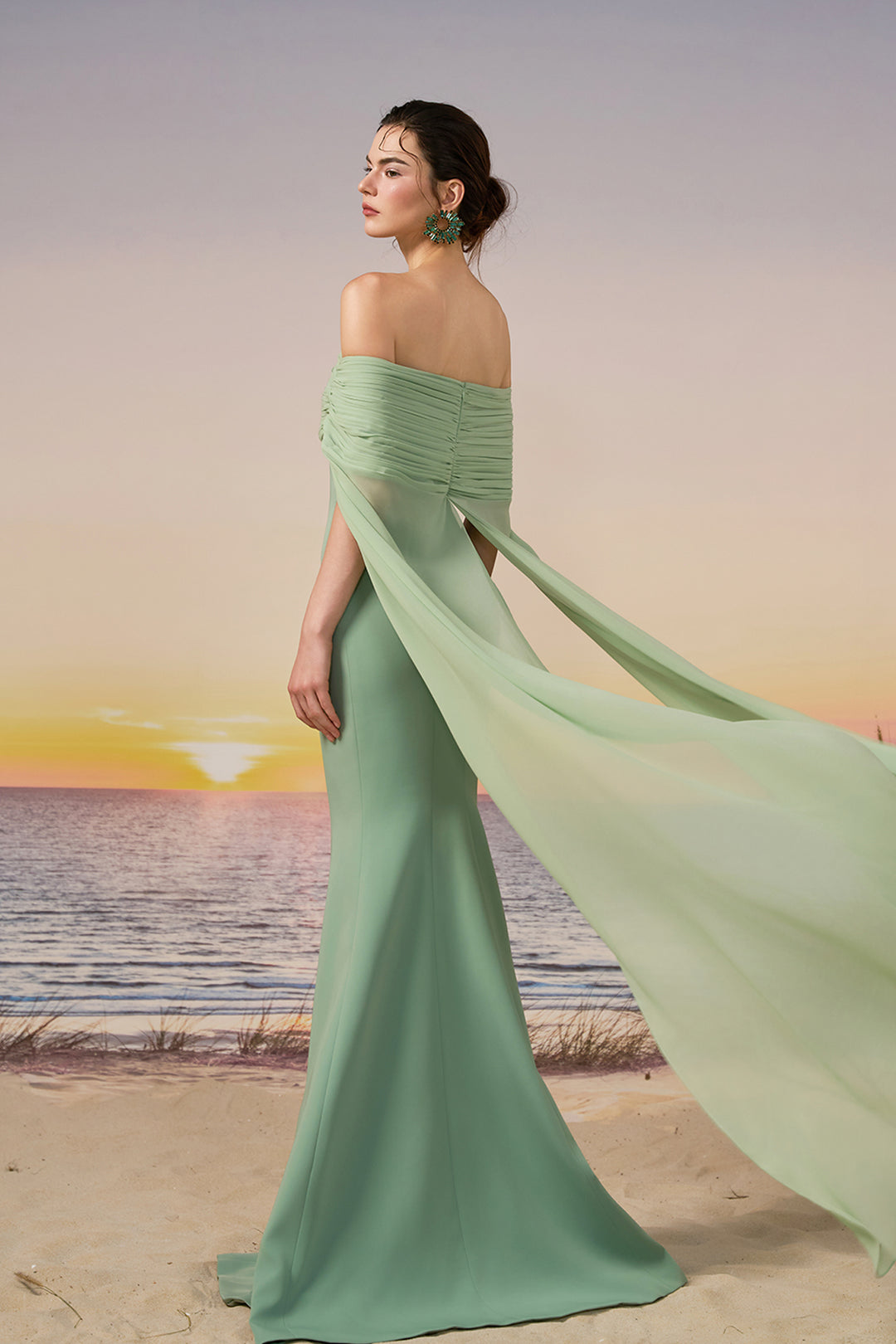 chiffon mermaid dress ZAPAKA Women Dark Grey Long Prom Dress Mermaid V Neck Wrap Long Sleeves Chiffon Wedding Guest Dress with Slit, Dark Green / US8