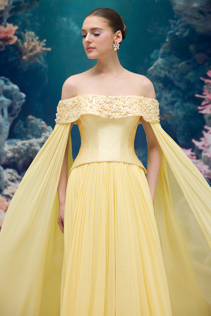 Corset Taffeta Dress with Pearl and Crystal Off-Shoulder Neckline