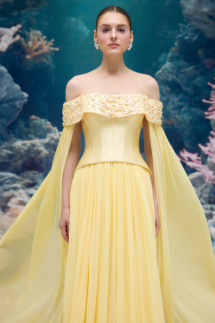 Corset Taffeta Dress with Pearl and Crystal Off-Shoulder Neckline