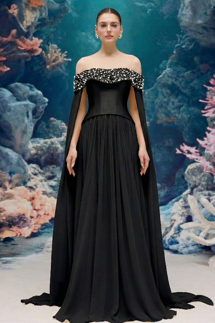 Corset Taffeta Dress with Pearl and Crystal Off-Shoulder Neckline