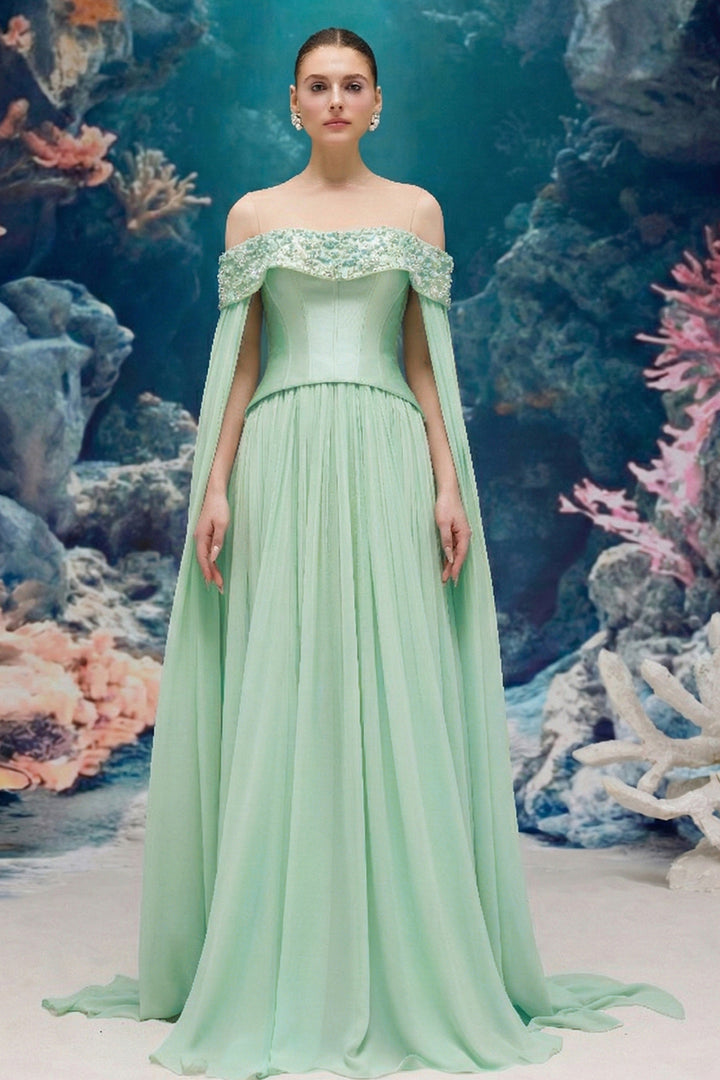 Corset Taffeta Dress with Pearl and Crystal Off-Shoulder Neckline