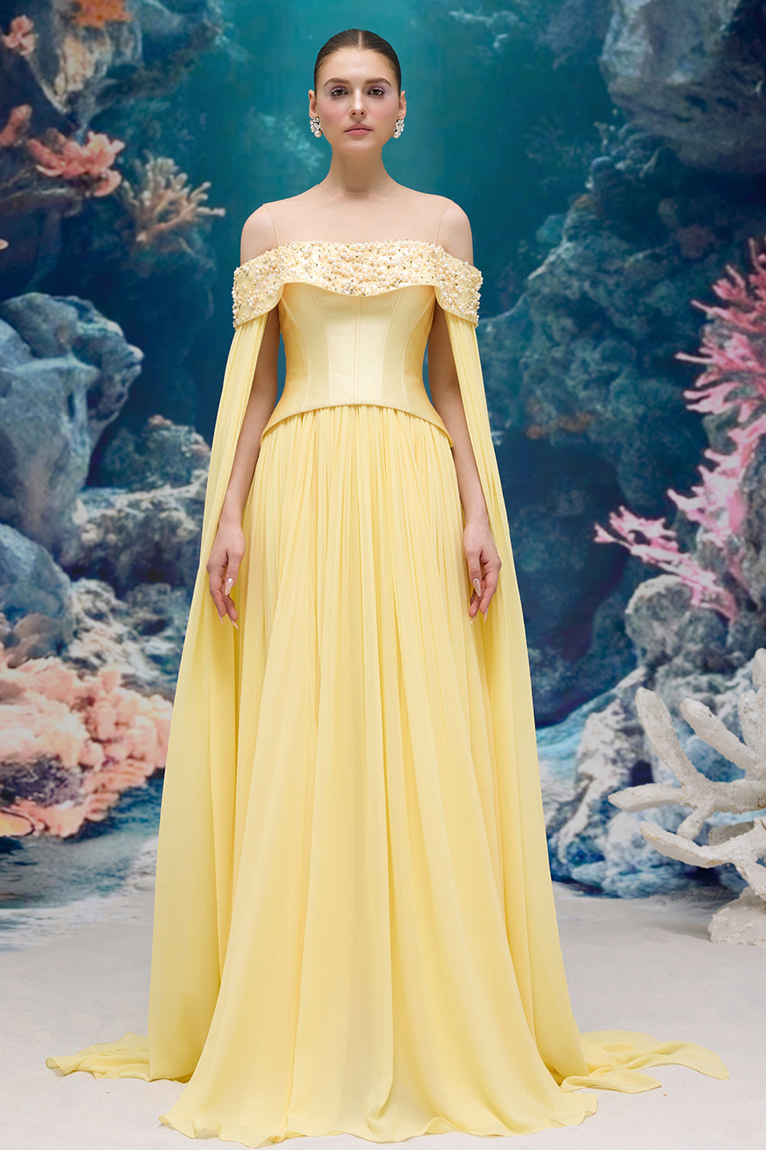 Corset Taffeta Dress with Pearl and Crystal Off-Shoulder Neckline