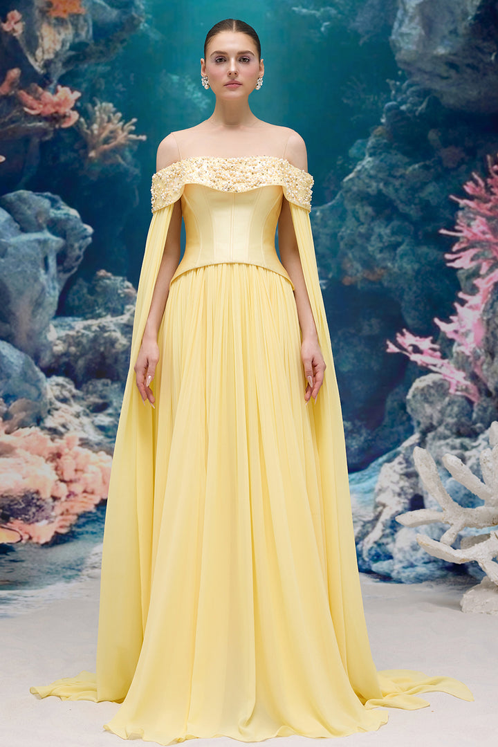 Corset Taffeta Dress with Pearl and Crystal Off-Shoulder Neckline