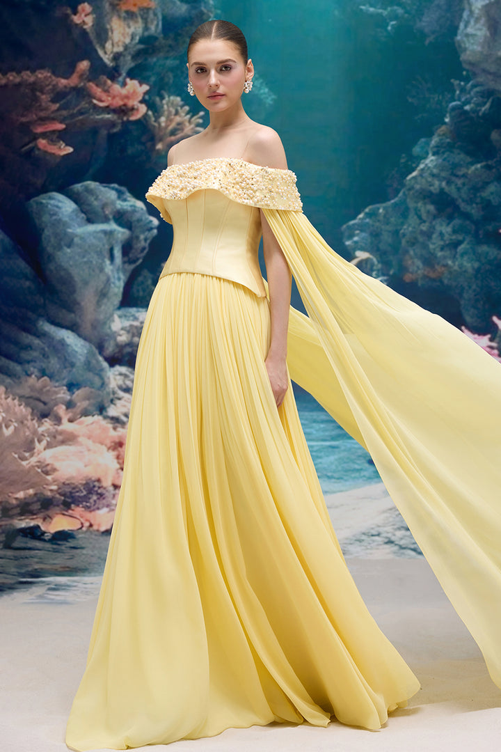 Corset Taffeta Dress with Pearl and Crystal Off-Shoulder Neckline