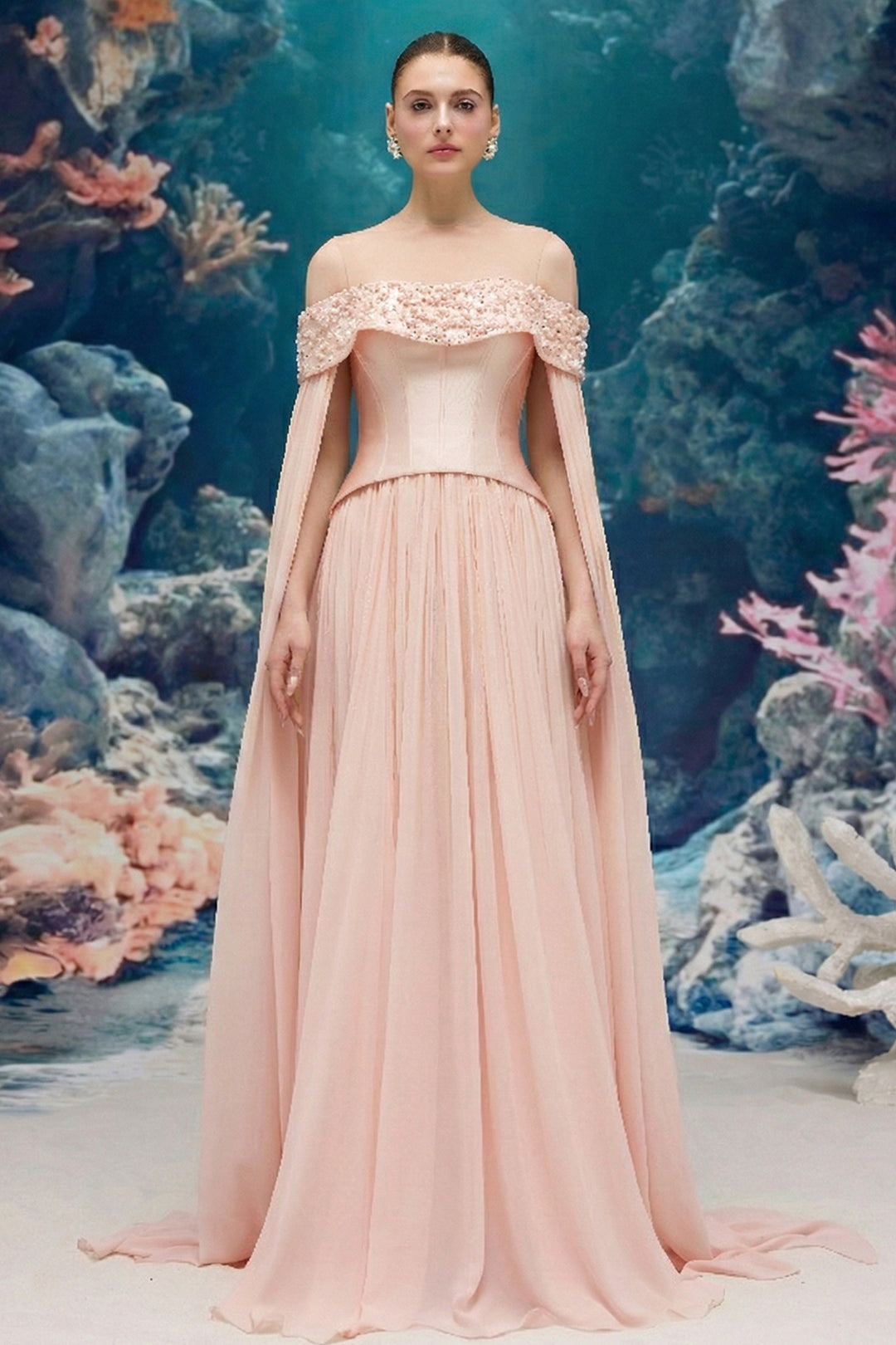Corset Taffeta Dress with Pearl and Crystal Off-Shoulder Neckline