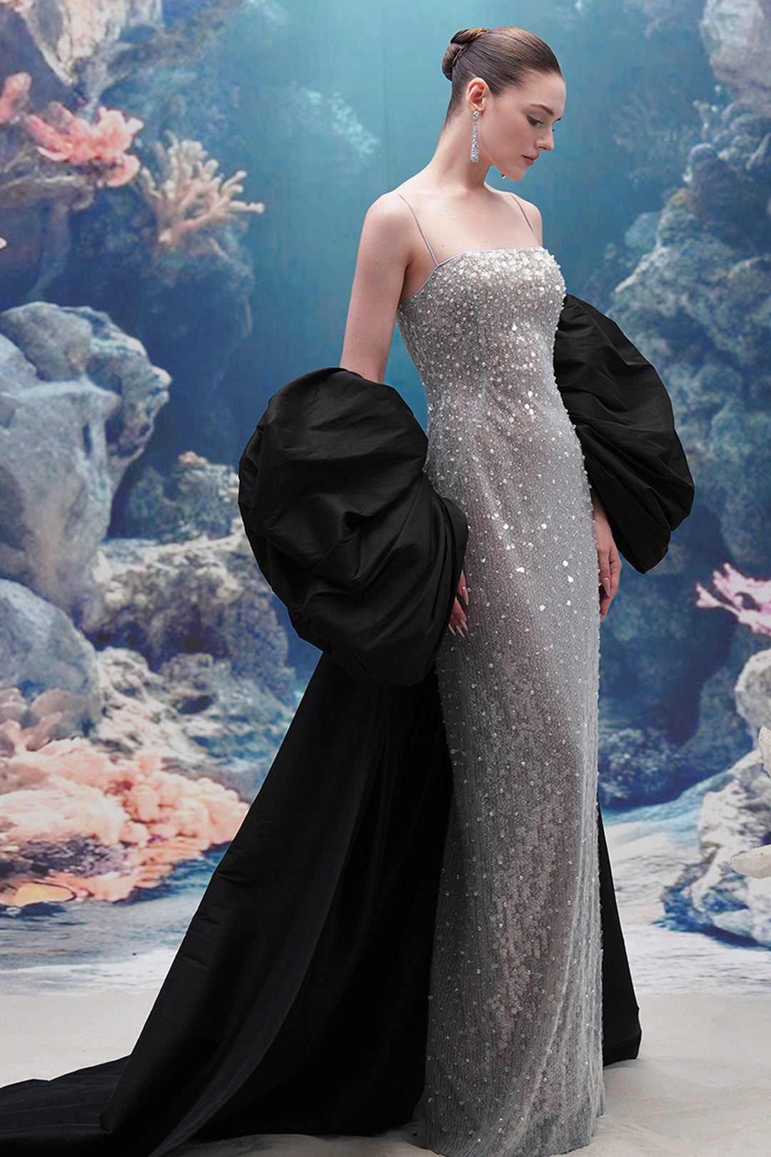 Shimmering Sequin Dress with Taffeta Cape