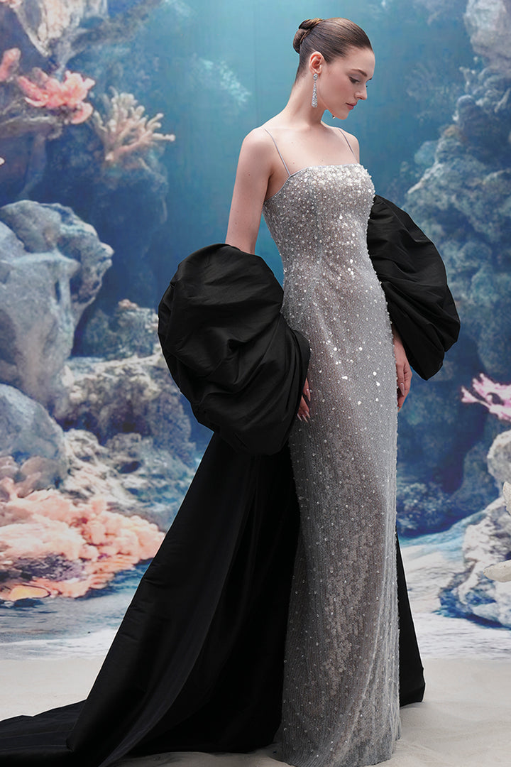 Shimmering Sequin Dress with Taffeta Cape