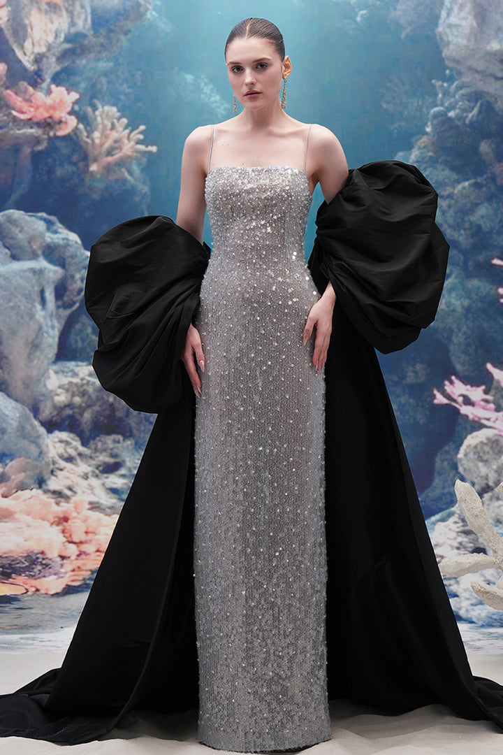Shimmering Sequin Dress with Taffeta Cape