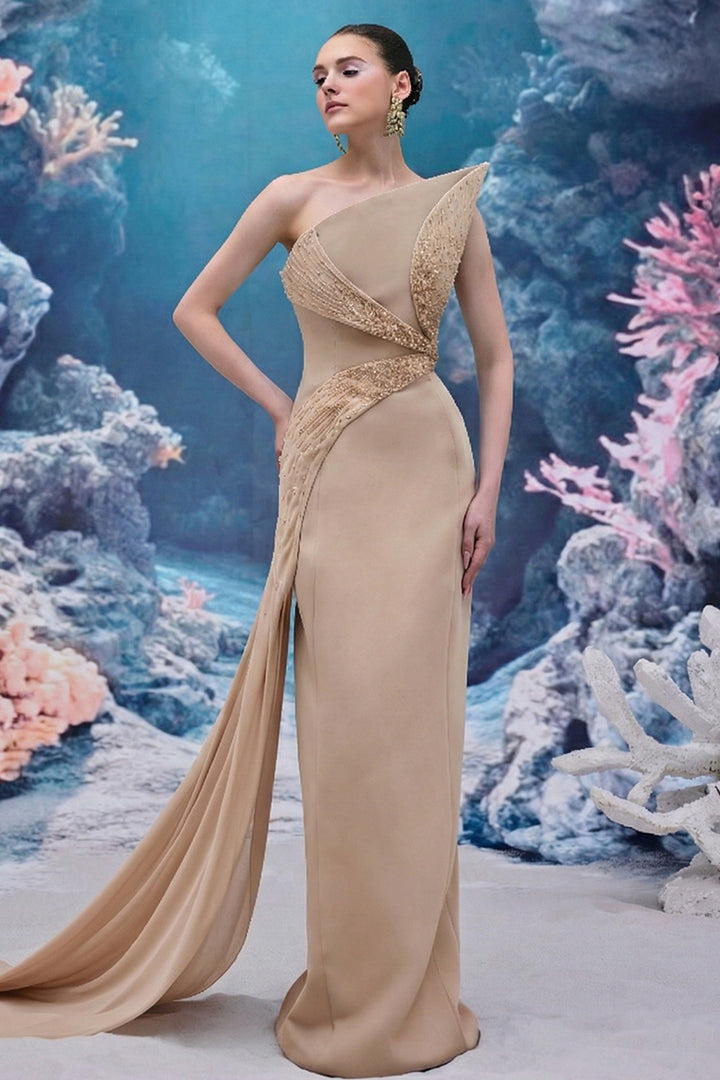 Asymmetrical One-Shoulder Crepe and Chiffon Dress