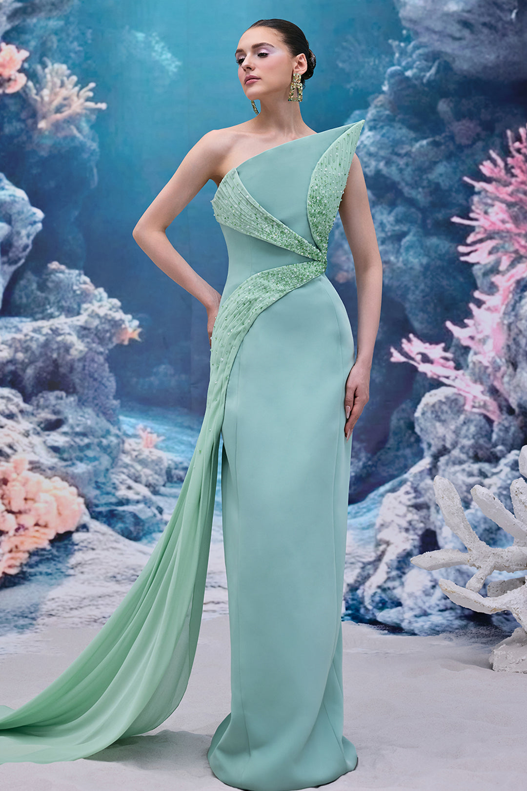 Asymmetrical One-Shoulder Crepe and Chiffon Dress