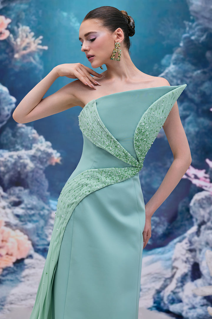 Asymmetrical One-Shoulder Crepe and Chiffon Dress