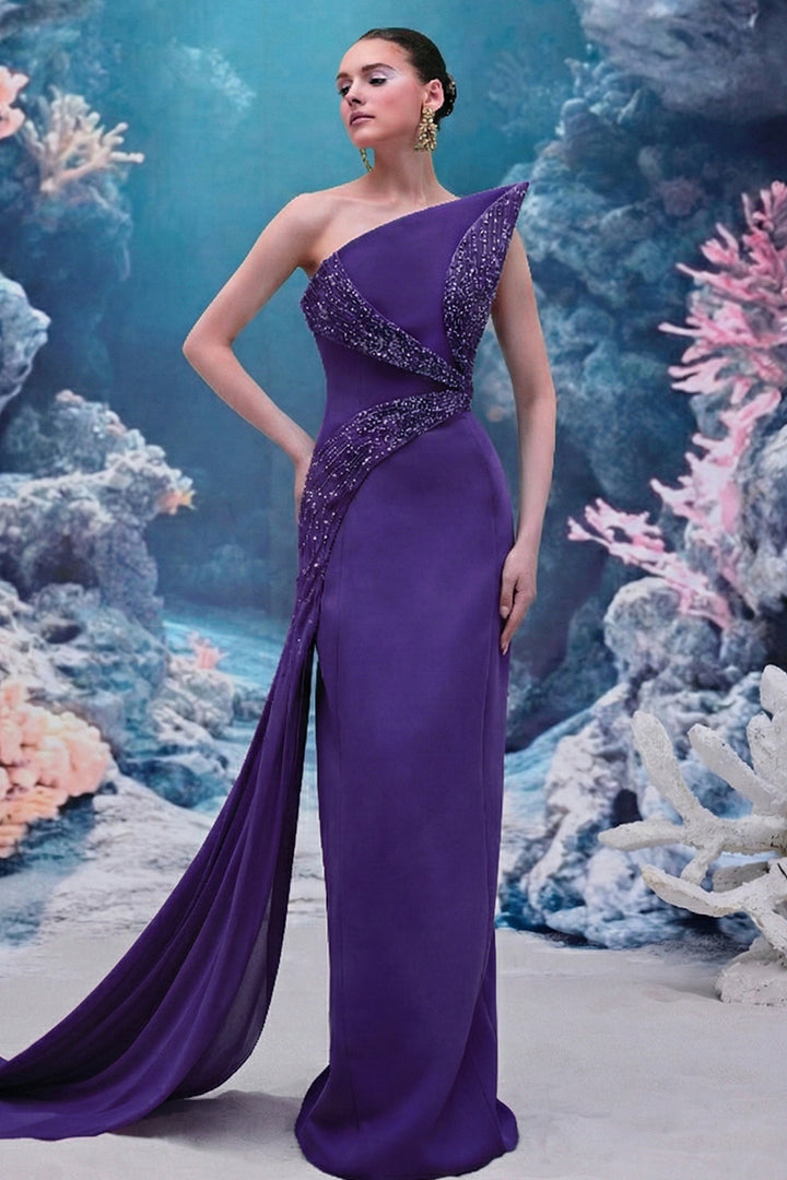 Asymmetrical One-Shoulder Crepe and Chiffon Dress