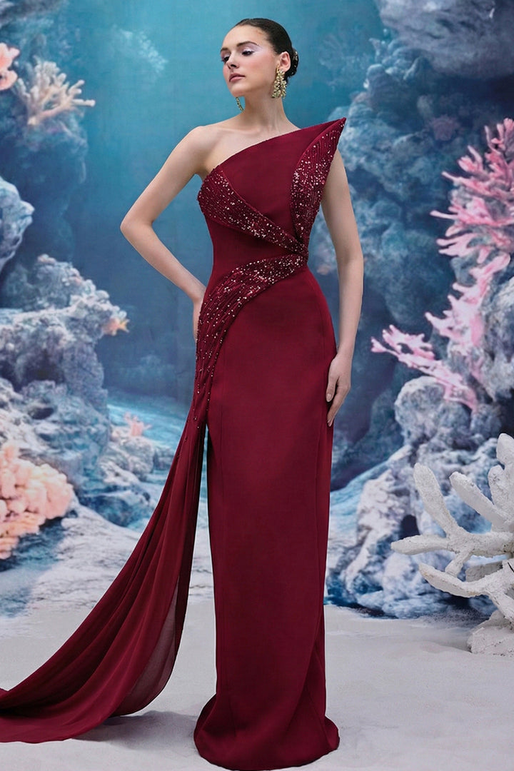 Asymmetrical One-Shoulder Crepe and Chiffon Dress