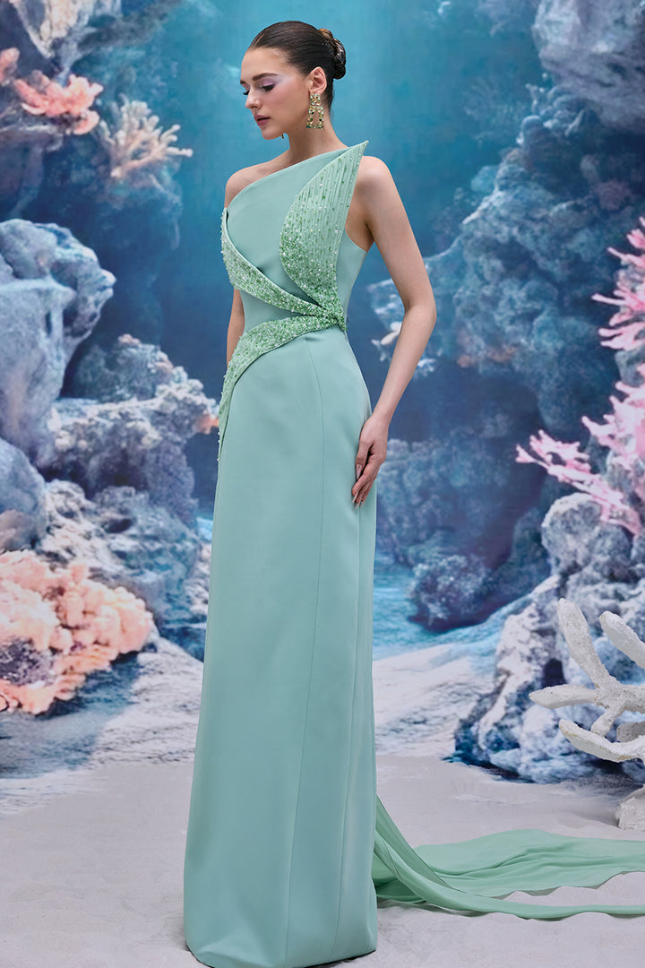 Asymmetrical One-Shoulder Crepe and Chiffon Dress