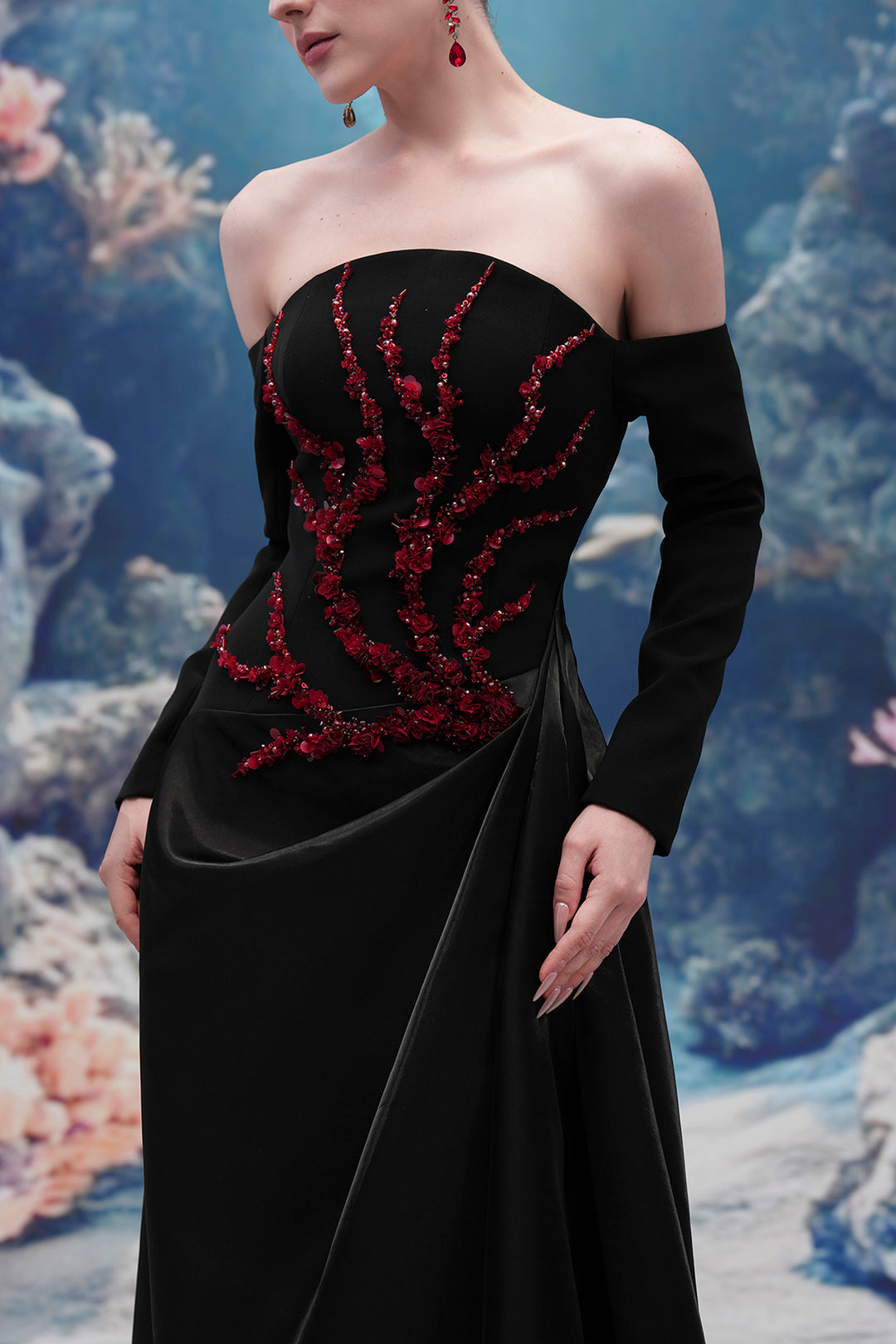 Embellished Off-Shoulder Taffeta Long Dress