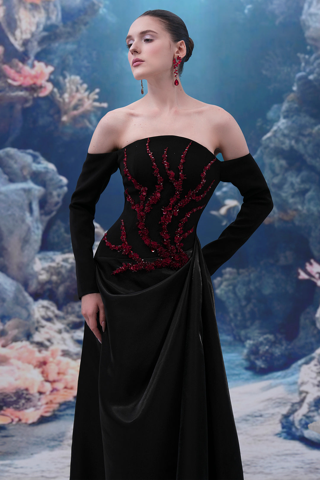 Embellished Off-Shoulder Taffeta Long Dress