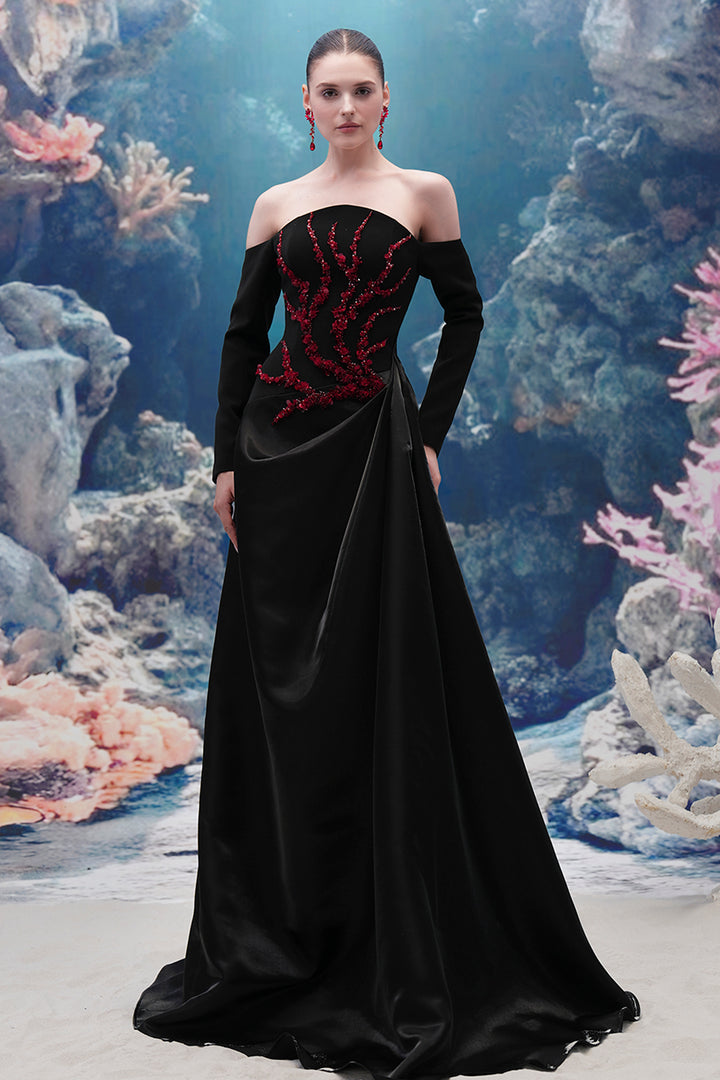 Embellished Off-Shoulder Taffeta Long Dress