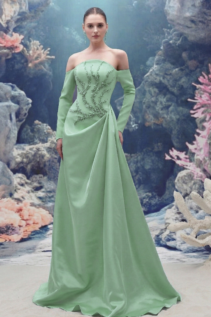 Embellished Off-Shoulder Taffeta Long Dress