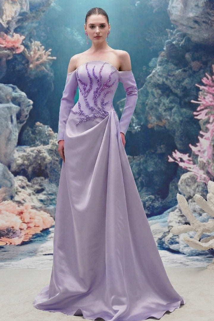 Embellished Off-Shoulder Taffeta Long Dress
