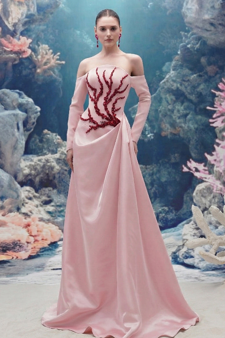 Embellished Off-Shoulder Taffeta Long Dress