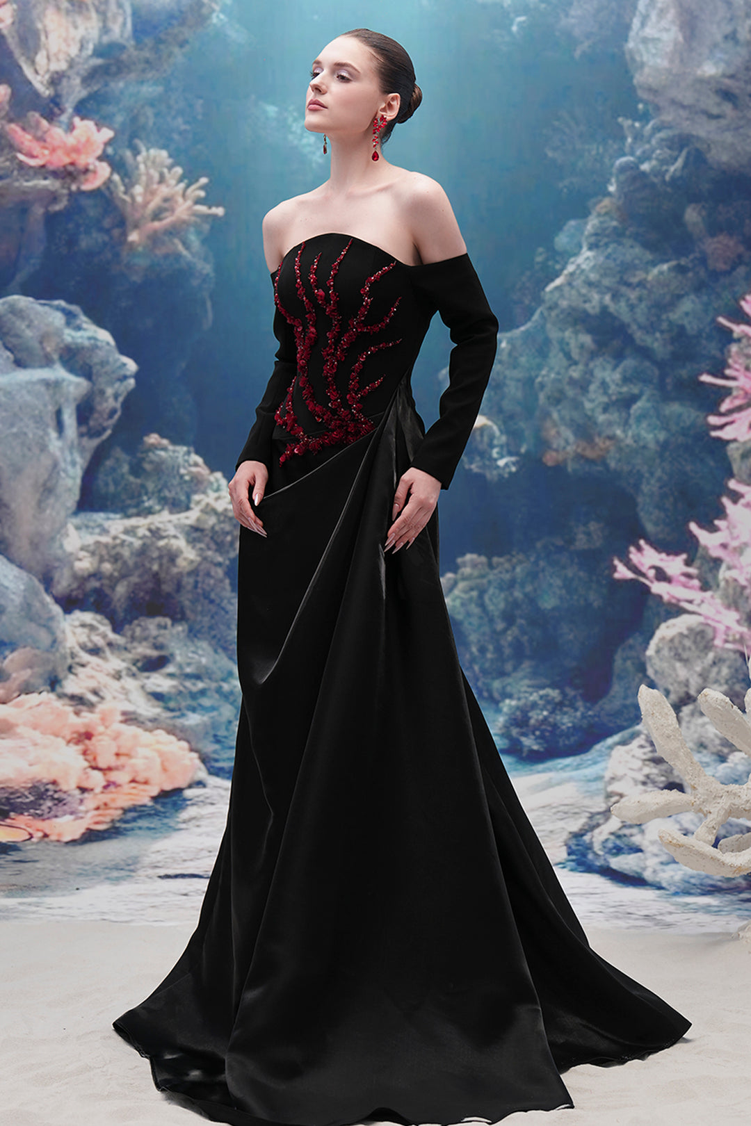 Embellished Off-Shoulder Taffeta Long Dress