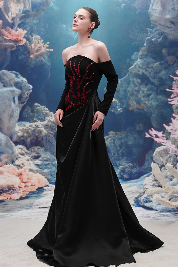 Embellished Off-Shoulder Taffeta Long Dress