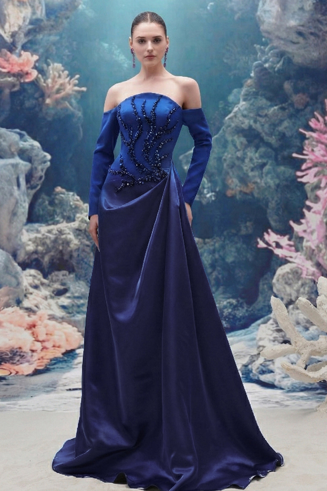 Embellished Off-Shoulder Taffeta Long Dress