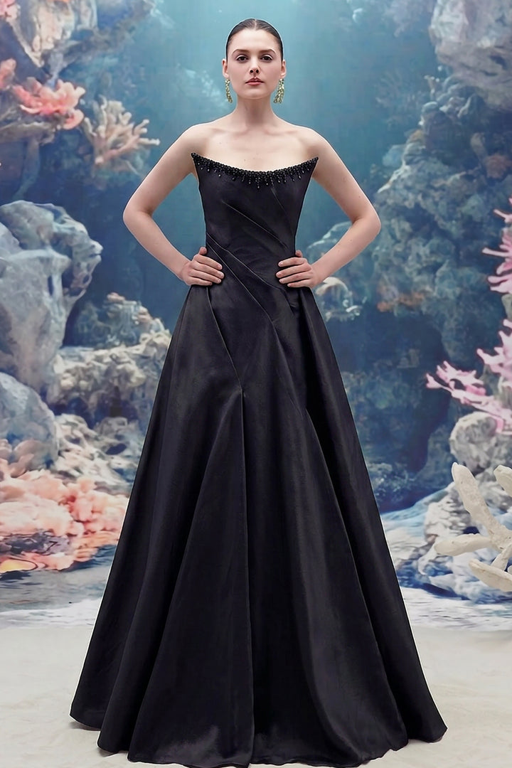 Off-Shoulder Taffeta A-line Dress with Crystal Trim