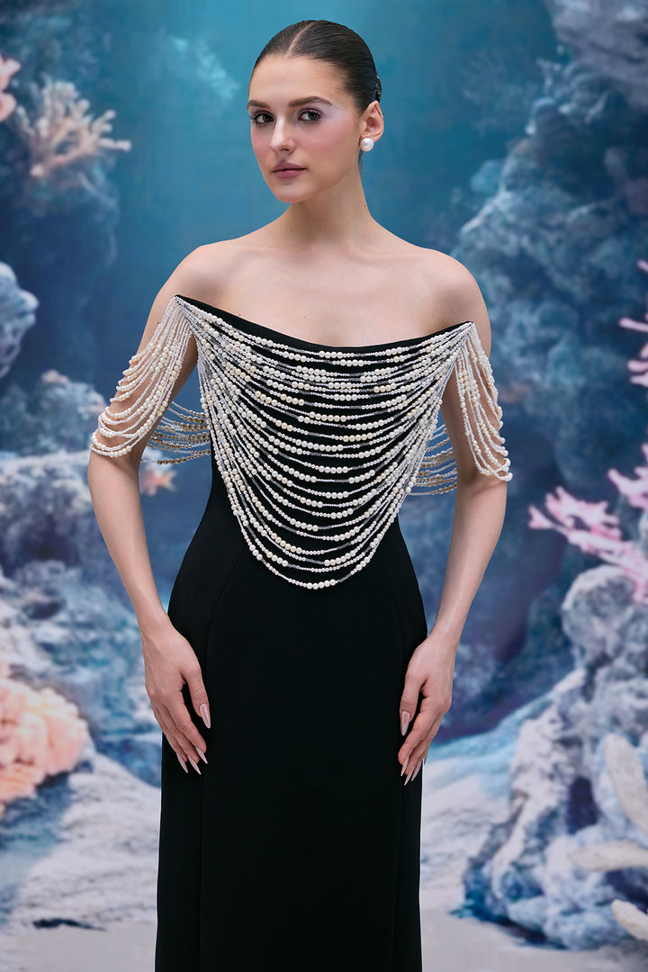 Crepe Dress with Cascading Pearls