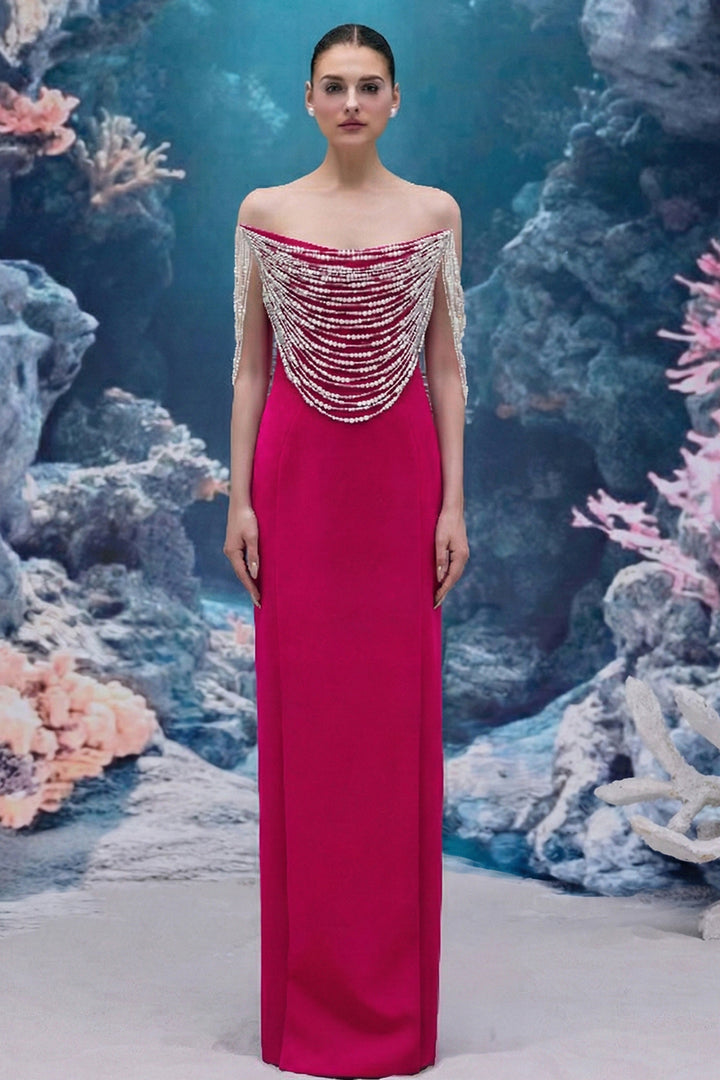 Crepe Dress with Cascading Pearls
