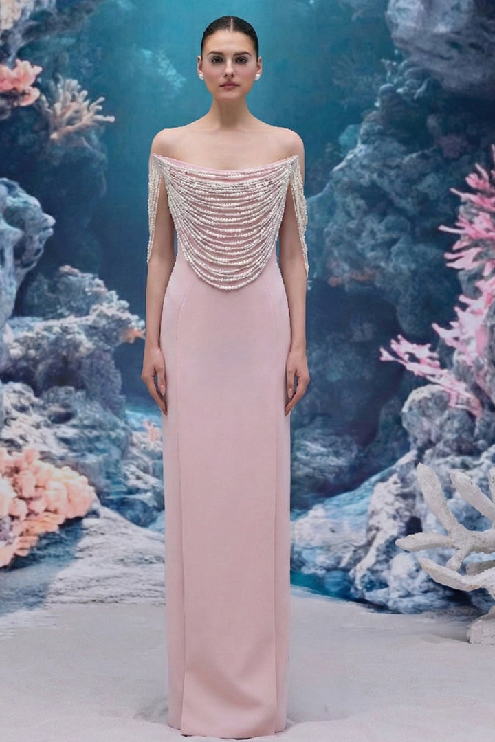 Crepe Dress with Cascading Pearls