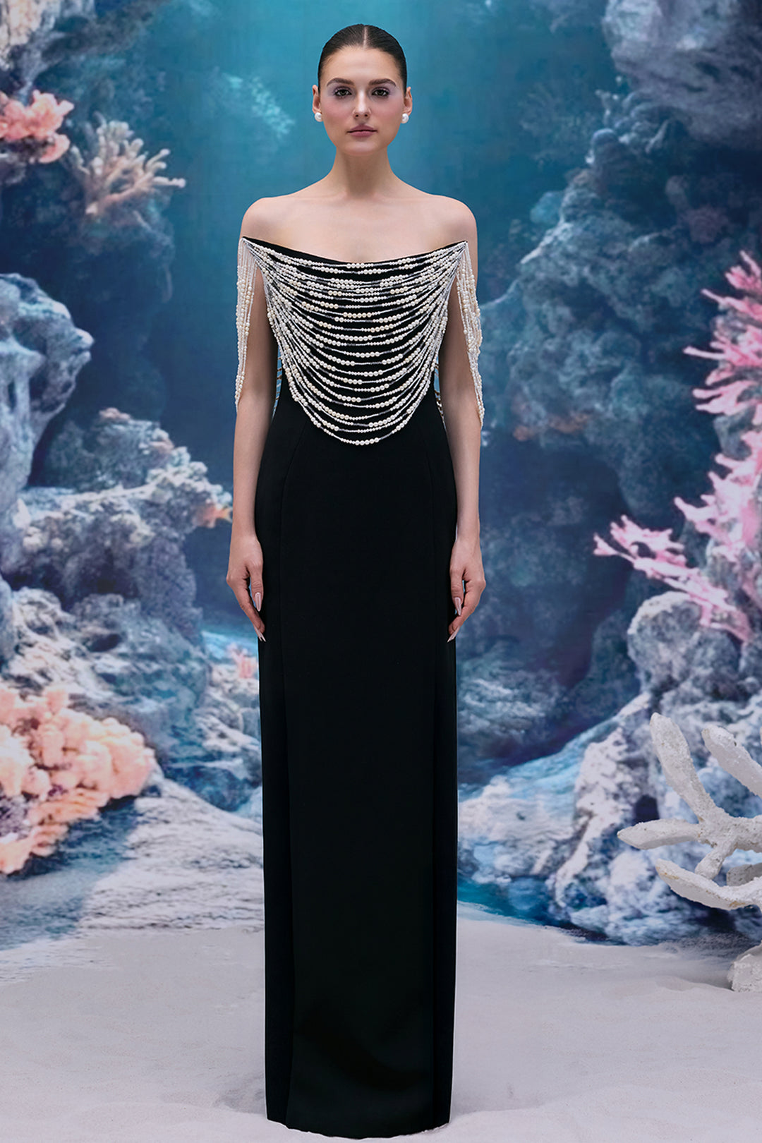 Crepe Dress with Cascading Pearls
