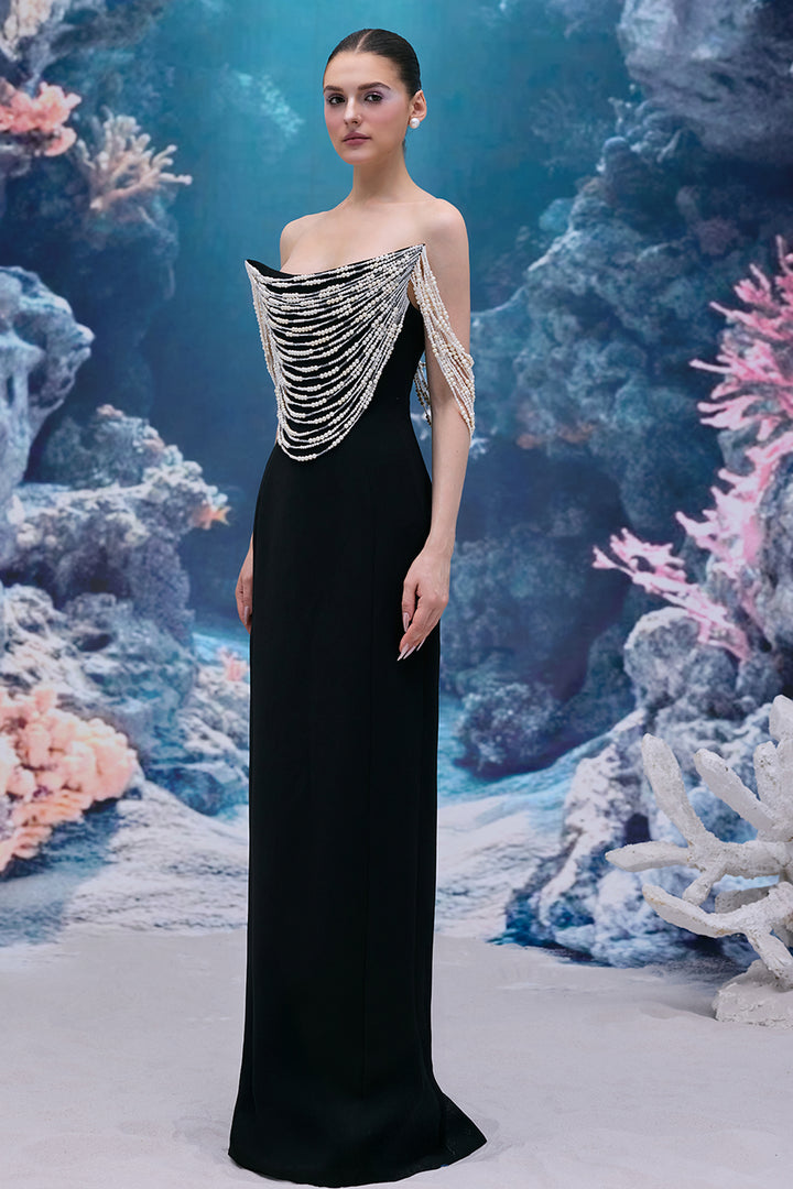 Crepe Dress with Cascading Pearls
