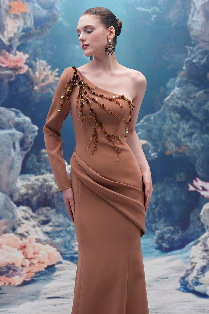 One-Sleeve Crepe Dress with Crystal Embroidery