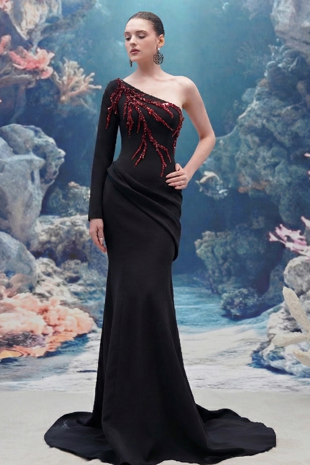 One-Sleeve Crepe Dress with Crystal Embroidery