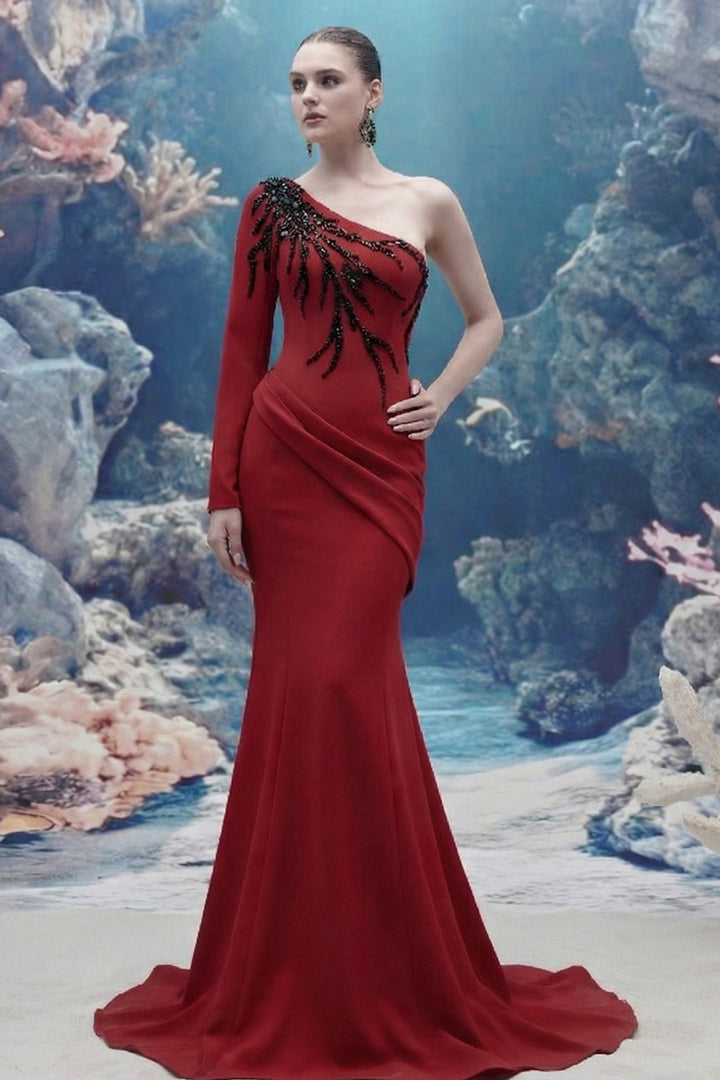 One-Sleeve Crepe Dress with Crystal Embroidery