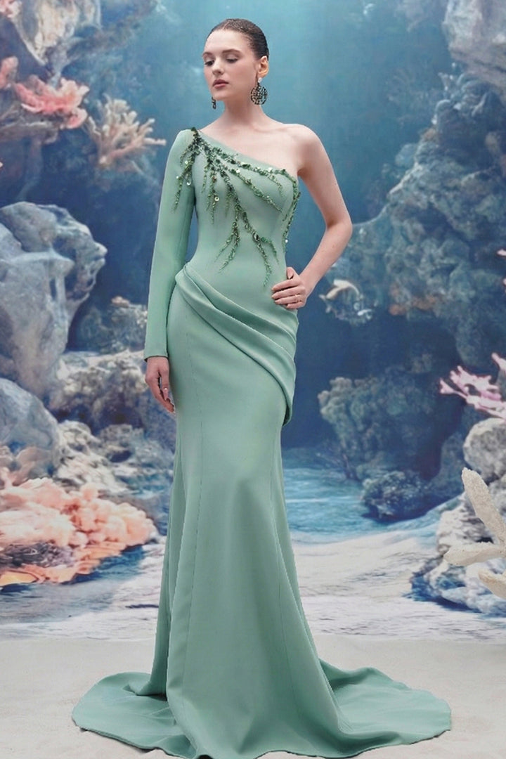 One-Sleeve Crepe Dress with Crystal Embroidery