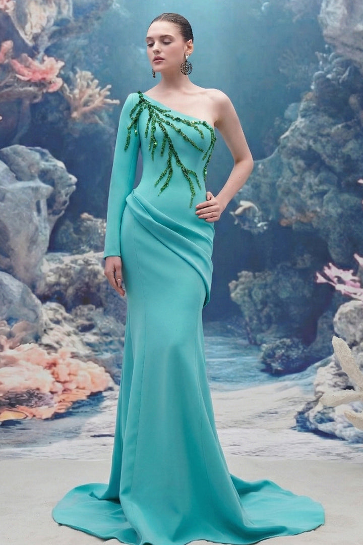 One-Sleeve Crepe Dress with Crystal Embroidery