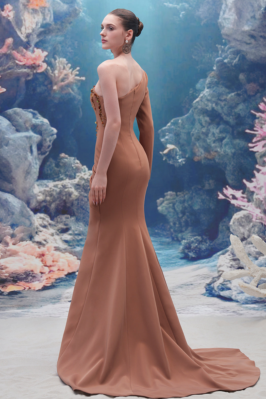 One-Sleeve Crepe Dress with Crystal Embroidery