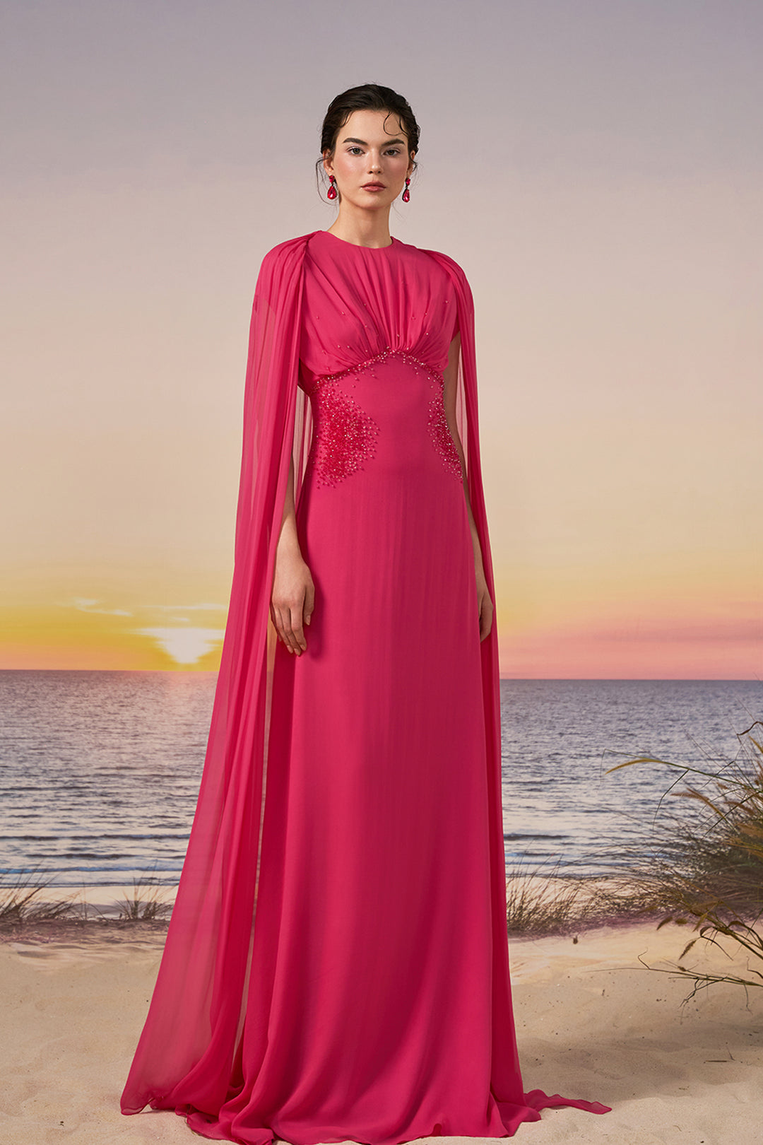 pink cape sleeve dress Premiere | Light PINK Boat-Neck Maxi Dress With Cape-Sleeves And Open-Back